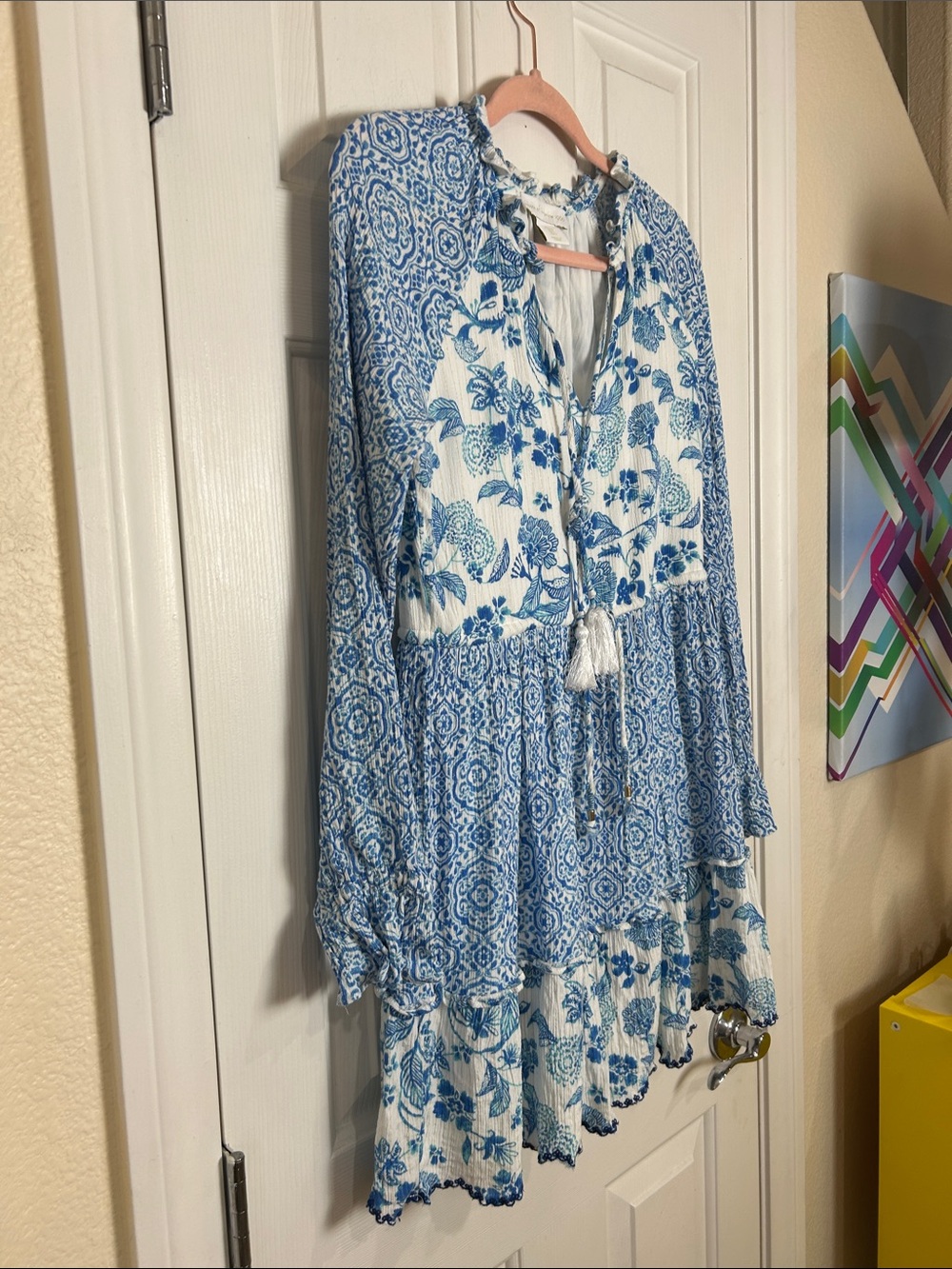 House of Harlow 1960 Blue White Boho Floral Tassel Mini Dress - Picture 3 of 8